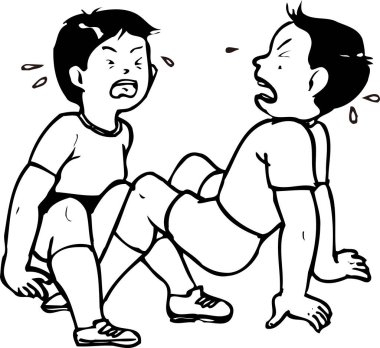 Siyah-beyaz çizimler. Kavga eden ve ağlayan iki çocuk. 