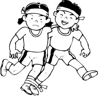 Bu resim, üç bacaklı bir yarış için birbirine bağlanmış iki çocuğun el çizimi..