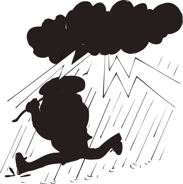 boy running under storm clouds black silhouette on white background 