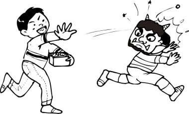 Boyama kitabı için el çizimi çizimi. Koşan çocukların olduğu sayfa, şeytan maskeli çocuk, kutu taşıyan başka bir çocuk.  