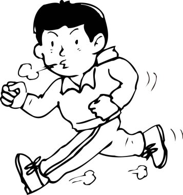 Çizgi filmci, eşofman üstü ve spor ayakkabı giyerek koşuyor.