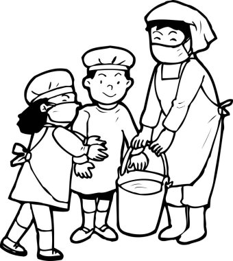 Çocuklar ve yetişkinler önlük giyip, ellerinde kovayla gülümsüyorlar.