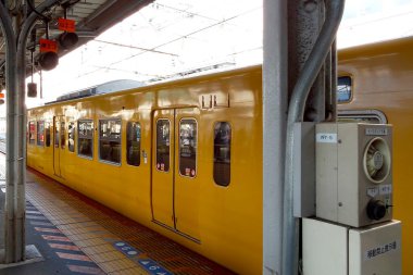 Sarı tren Japonya 'daki tren istasyonunda.