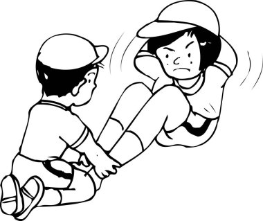 Boyama kitabı için el çizimi çizimi. İki sportif çocuğun abbs için şınav çektiği bir sayfa. 