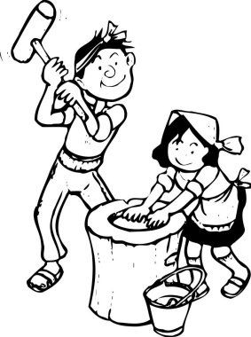 Çekiçle oynayan kız ve oğlanla siyah çizimler 