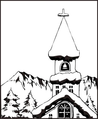 Ahşap kiliseli siyah beyaz bir illüstrasyon.