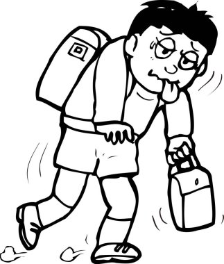 Boyama kitabı için el çizimi çizimi. Sırt çantalı yorgun bir çocuk. Dilini ağzından çıkar. 