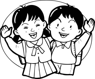  Okullu kız ve okul çocuğu el sallıyor. 