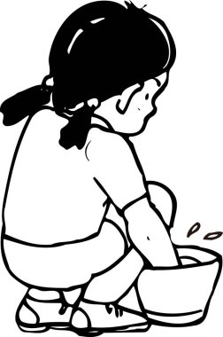 Önlüklü bir kızın bulaşık yıkadığı siyah beyaz bir resim.