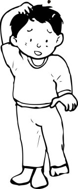 Kafası karışmış çocuk ayakta dikilirken kaşınıyor.