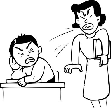 Kızgın kadın masada oturan çocuğu azarlıyor.