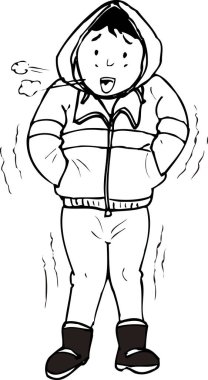 Çizgi filmci çocuk, kışlık giysiler içinde dışarısı soğuk. 