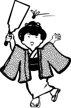 Boyama kitabı için el çizimi çizimi. Kimonolu bir kadının raketle badminton oynadığı sayfa. 