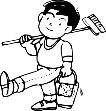 Süpürge ve kova taşıyan gülümseyen çocuk