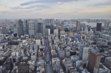 Gündüz vakti modern Japon şehrinin havadan görünüşü