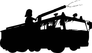 İtfaiye arabasının silueti ve su püskürten itfaiyeci.