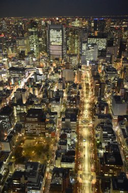 Aydınlanmış Japon şehrinin üzerindeki gece manzarası 