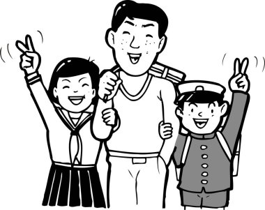 Dışarıda neşeli bir adamın yanında duran gülümseyen çocuklar.