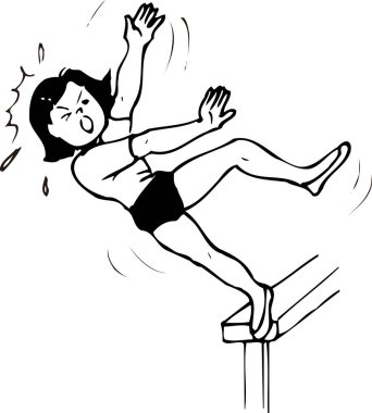 Çitten düşen kız, beyaz arka planda izole edilmiş siyah beyaz çizimler. 