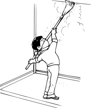 Süpürgeli bir karikatürist ile siyah beyaz çizim