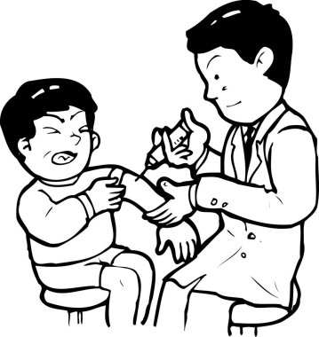 Doktor üzgün çocuğa iğne yapıyor.