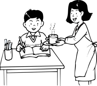 Kadın içki getirirken çocuk masada yazıyor.