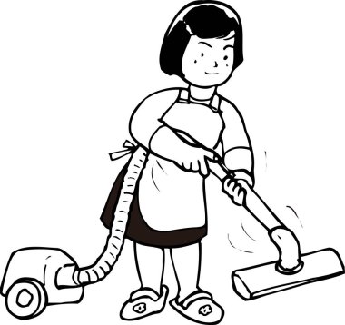 Elektrikli süpürgeyle temizlik yapan kadın çizgi filmi. beyaz arkaplanda izole