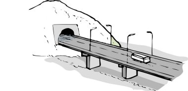 Çizgi çizimi, tünelden çıkan ve köprüde devam eden bir yolda giden bir arabayı gösteriyor..