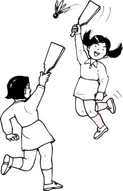 Siyah ve beyaz, badminton oynayan iki kızın olduğu bir boyama kitabı sayfası için el çizimi çizimi.  