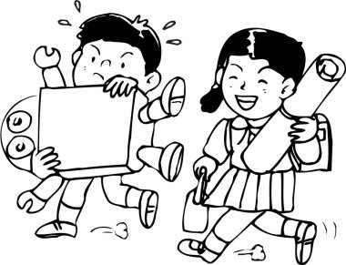 Mutlu bir şekilde yürürken okul projelerini taşıyan iki çocuk.