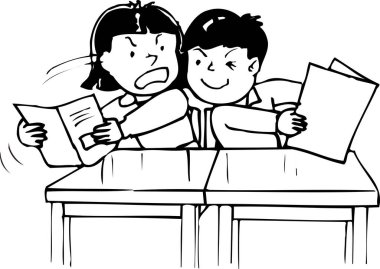 İki çocuğun okul masasında kitap ve kağıtlar yüzünden tartıştığı siyah-beyaz bir resim..
