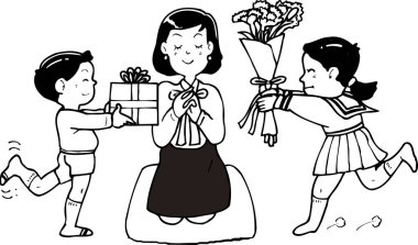 El çizimi çizimi çizimi. Anne çiçekleri ve hediye kutusuyla boyama kitabı sayfası 