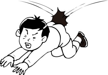 beyaz arkaplanda izole bir şekilde yere düşen çizgi film çocuğu.