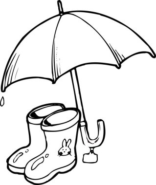 Beyaz arka planda şemsiyesi olan lastik çizmeler. 