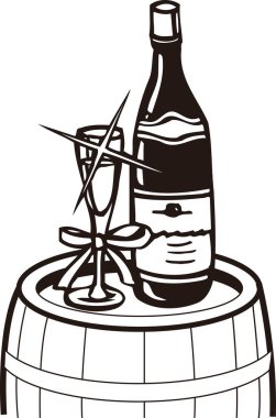 Fıçının üzerindeki bir şişe ve bardağın siyah beyaz çizimi..