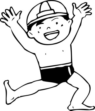 Beyaz arka planda egzersiz yapan çizgi film çocuğu bir yüzücü.