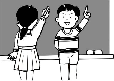 Tahtaya yakın duran öğrenciler, beyaz arkaplanda izole edilmiş siyah beyaz çizimler 