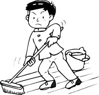 Yerleri temizleyen çocuğun siyah beyaz çizimi. çizgi film  