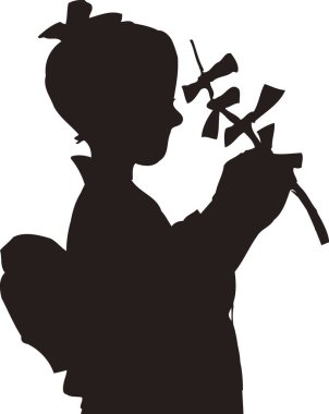 Kimonolu Japon bir kızın silueti. Beyaz arka planda izole edilmiş siyah beyaz bir resim. 