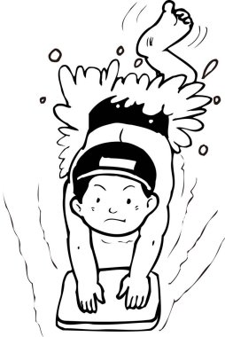 Beyaz arka planda havuzda yüzen çizgi film çocuğu.