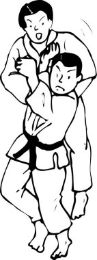 Beyaz arka planda kavga eden iki adamın siyah beyaz çizimi. 