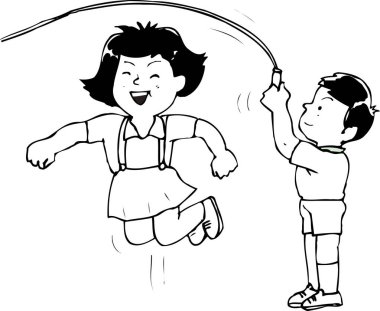 siyah ve beyaz, boyama kitabı sayfası için el çizimi çizimi resimde çocuklar ip atlamakla oynuyor. 