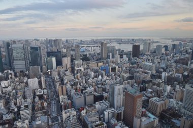 Gündüz vakti modern Japon şehrinin havadan görünüşü