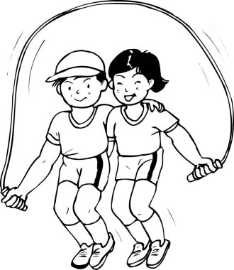 Çocuklar ip atlama ve illüstrasyonla oynuyorlar