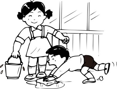 Evde kovayla oynayan çocukların siyah beyaz çizimi