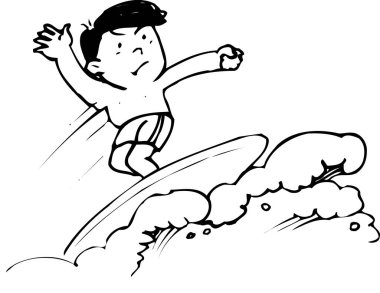 Siyah-beyaz çizimler sörf tahtasında sörf yapan bir çocukla