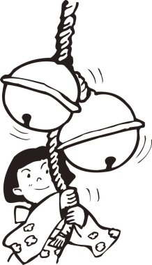 El çizimi çizimi çizimi. Japon bir kızın çanları çaldığı boyama kitabı sayfası. 