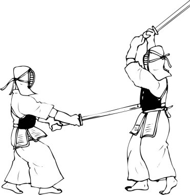 Kılıçlarla savaşan iki samurayın resmi, beyaz arka plan. 