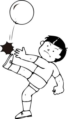 Çizgi filmci çocuk beyaz arka planda topa vuruyor 