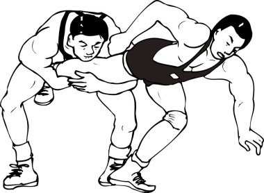 Beyaz arka planda kavga eden iki adamın siyah beyaz çizimi. 